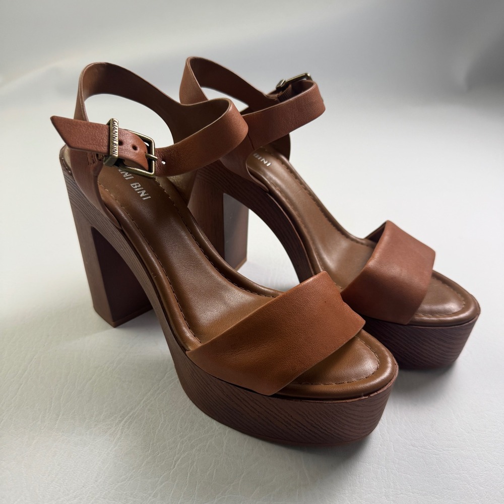 Gianni Bini Cognac Brown Leather Platform Block Heel Sandals Womens 8.5M